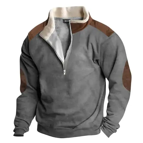 Produktbild: Herren Langarm Baggy Stehkragen 1/4 Half Zip Sweatshirt Vintage Color Block Reißverschluss Pullover mit Reißverschluss Lässige Basic Outdoor Top Grau 3XL