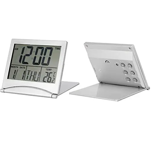 Produktbild: Funkwecker Digitaluhren Temperaturkalender Schlummerfunktion 1 Stück Tragbar Zusammenklappbar, Elektronischer Reisewecker mit LED-Licht, Kleine Digitaluhren