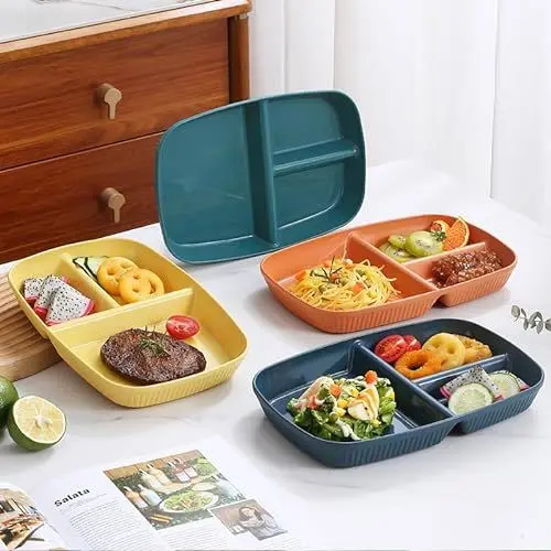 Produktbild: FunkySun Speiseteller-Set, Premium-Portionskontrollteller, unzerbrechlich, 4 Stück, Picknick-Kunststoffteller, wiederverwendbar, mikrowellen- und spülmaschinenfest, Geschirr für Erwachsene und Kinder