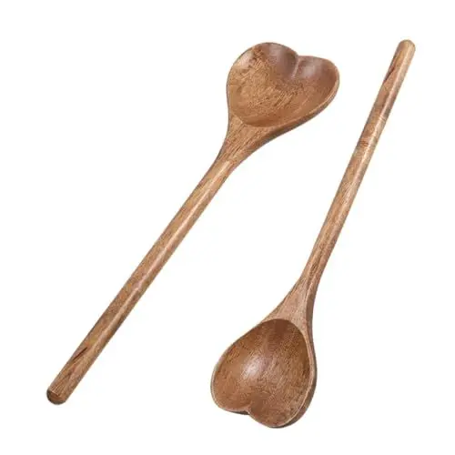 Produktbild: FUNNETOYU 2 Stück herzförmiger Holzlöffel Aufschlag Küche zum Kochen Dessertlöffel Hochzeit mit Kaffeerührlöffel aus Holz Holzlöffel für Gläser Herz Löffel Akazie Light Brown