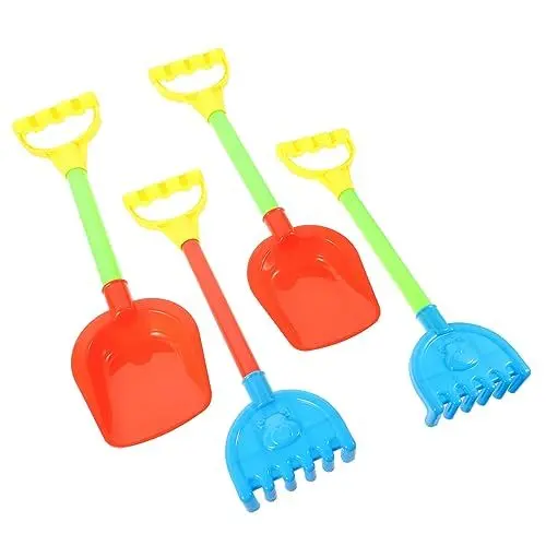 Produktbild: FUNNETOYU 4 Stück Teiliges Set Strandspielzeug Robuste Schaufeln und Rechen mit Griff für Sand und Schneegrabungen für Sandkasten Zufällige Farbe Zufällige Farbe