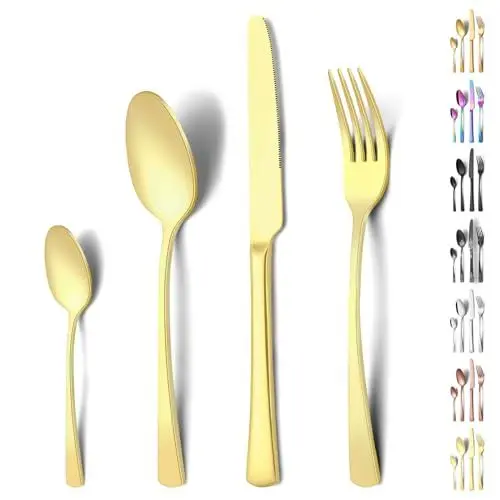 Produktbild: Funnydin 24 Stück Besteck Set 6 Personen, Premium-Edelstahl Besteck Set mit Gabel, Messer, Löffel, Spülmaschinenfest, Einzigartig und Elegant in Champagner-Look