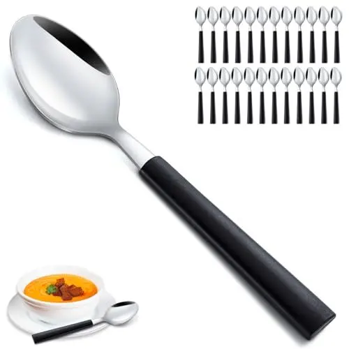Produktbild: Funnydin 24 Stück Löffel Set, 7,36 Zoll, nur Löffel Besteck, einzigartiger schwarzer Griff, spülmaschinenfest, Tafellöffel, Esslöffel für Haus und Restaurant
