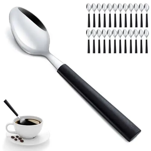 Produktbild: Funnydin 24 Stück Teelöffel Set, schwarzer Griff Dessertlöffel, 6,3 Zoll/16 cm Edelstahl Kaffeelöffel, Löffel für Haus, Küche, Restaurant, spülmaschinenfest