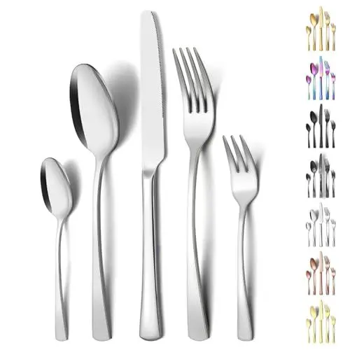 Produktbild: Funnydin 30 Stück Besteck Set 6 Personen, Premium-Edelstahl Besteck Set mit Gabel, Messer, Löffel, Spülmaschinenfest, Einzigartige und Elegante Silber-Look