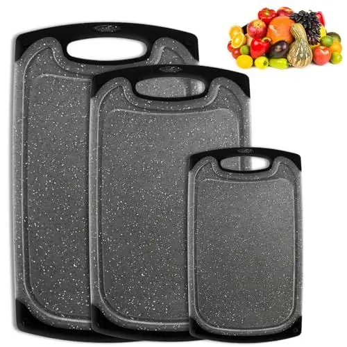 Produktbild: Funnydin 3 Stück Schneidebrett-Set, Schneidebrett Kunststoff für Fleisch, Gemüse, Obst, Spülmaschinenfest, Küchenschneidebretter für Küchen (Schwarz)