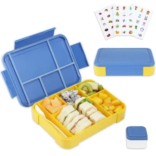 Produktbild: Funnydin Lunchbox, 1330ML Brotdose für Kinder/Erwachsene, brotdose kinder mit fächern, Mikrowelle & Geschirrspüler, Auslaufsiche Brotdose Kinder mit Löffel Gabel Salat Soßen Box(Blau)