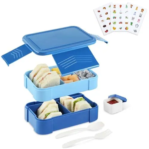 Produktbild: Funnydin Lunchbox, 1550ML Brotdose für Kinder/Erwachsene, brotdose kinder mit fächern, Mikrowelle & Geschirrspüler, Auslaufsiche Brotdose Kinder mit Löffel Gabel Salat Soßen Box(Blau)