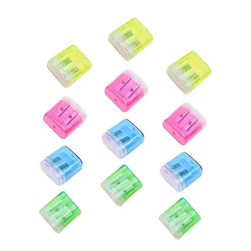 Produktbild: FUNOMOCYA 12 Stück Teiliges Set Kunststoff Bleistiftspitzer mit Doppelten Löchern Transparent Handbetrieben für Schüler Gelb Grün Blau und Einfach zu Reinigen und Tragbar