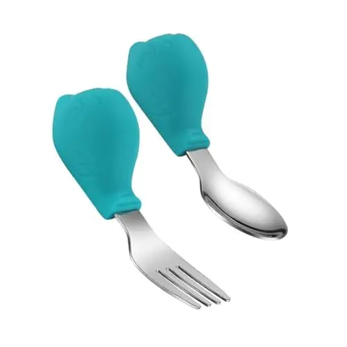 Produktbild: FUNOMOCYA Baby Löffel Gabeln Set Aus Edelstahl Silikon Kurzer Griff Kleinkind Utensilien Für Kinder