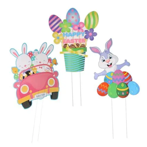 Produktbild: FUNOMOCYA 3st Osterkarte Zeichen Im Freien Hasen-hof-ornamente Zeichen Für Partyhöfe Osterschilder Im Freien Kaninchen-terrassenpfähle Eier Rasen Zeichen Hohles Brett Draussen Erdungsstecker