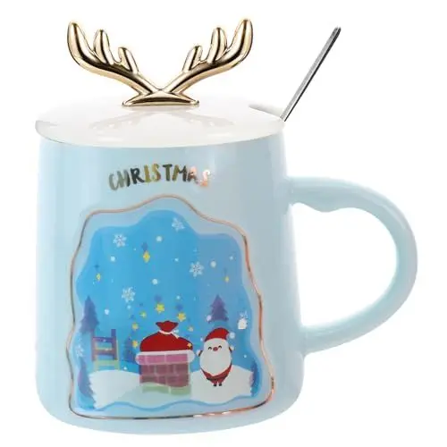 Produktbild: FUNOMOCYA Wasserbecher Weihnachtsmarke Becher Keramik Wasserbecher Mit Deckel Und Löffel