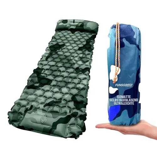 Produktbild: FUNSGREAT Luftmatratze Camping 1 Person mit Fußaufblasbar - Air Mattress Ultraleicht mit Luftkissen, Faltbar, Wasserdicht - Aufblasbare Matratze für Wandern Camping und Zelt - 190x60cm