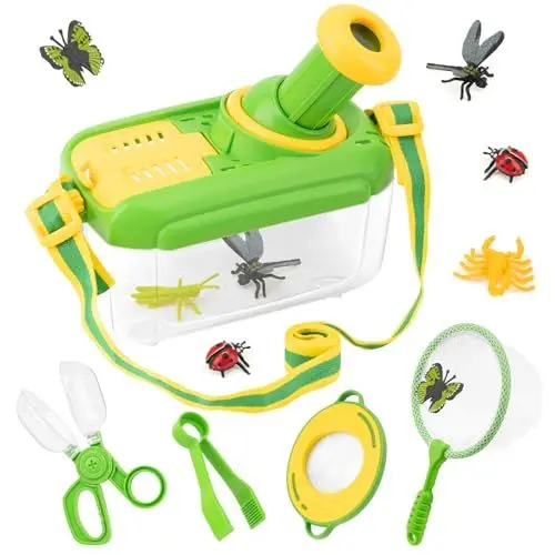 Produktbild: Funsland Forscherset für Kinder ab 4, Entdecker Set mit Insekten Beobachtungsbox, Lupenglas Kinder, Insektenfänger, 12 Gefälschte Insekten, Schmetterlingsnetz, Geschenke für Junge und Mädchen, Grün