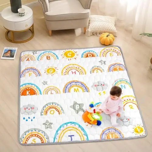 Produktbild: Funsland Krabbelteppich für Baby, Rutschfeste Baby Spielmatte Schadstofffrei 127x127cm, Baumwolle Tier Krabbelmatte Baby Faltbar mit Einem Höhenlineal, Kinder Spielmatte für Innen/Außen/Zaun