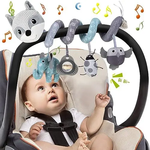 Produktbild: Funsland Kinderwagen Spielzeug, Baby Activity Spirale Spielzeug mit Musik, Hängendes Spiral Plüsch Spielzeug für Kinderbett/Autositz/Babyschale, Neugeborene Geschenk für Baby 0 3 6 12 Monate, Grau