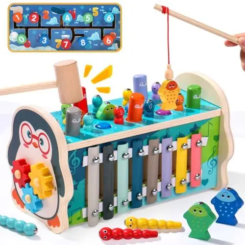 Produktbild: funsonjoy Montessori Spielzeug ab 1 Jahr Motorikspielzeug Kinder Spielzeug ab 1 Jahr Junge Mädchen Holzspielzeug 1 Jahr Xylophon Kinder Angelspiel Hammerspiel Geschenk 1 Jahr Junge Mädchen