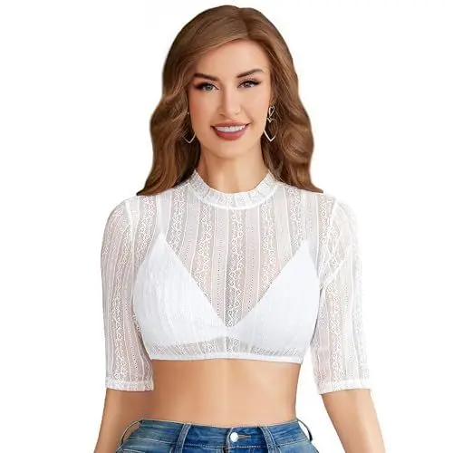 Produktbild: Funspread Damen Dirndl Bluse Spitze - Dirndlbluse Weiß Hochgeschlossene Langarm Trachtenbluse Weiß 36