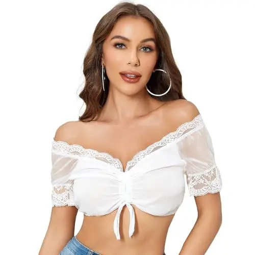 Produktbild: Funspread Dirndl Bluse Damen Spitze - Dirndlbluse Weiß Kurzarm Dirndlblusen für Oktoberfest 40