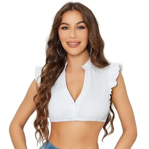 Produktbild: Funspread Dirndl Bluse Damen Weiß - Dirndlbluse Kurzarm DirndlBlusen V Ausschnitt Trachtenbluse Weiß 36
