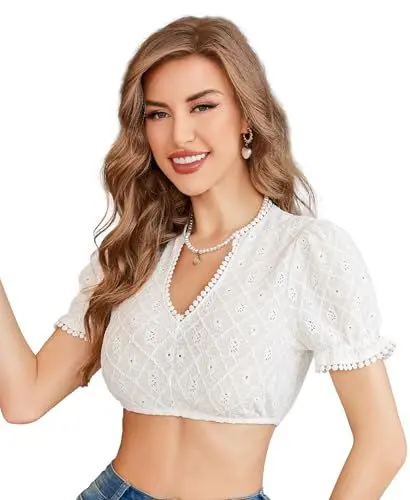 Produktbild: Funspread Dirndl Bluse Damen Weiß - Dirndlbluse V Ausschnitt Dirndlblusen Kurzarm Trachtenbluse für Oktoberfest 36
