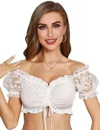 Produktbild: Funspread Dirndlbluse Damen Spitze - Weiß Kurzarm Dirndlblusen für Damen Oktoberfest Dirndl Bluse 40