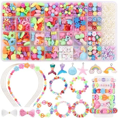 Produktbild: Funtopia Perlen zum auffädeln, 32 Arten Perlen für Armbänder Schmuck, Perlen Set Bastelset Kinder, DIY Freundschaftsarmbänder Armbänder Selber Machen