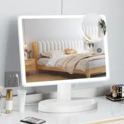 Produktbild: FUNTOUCH Großer Beleuchteter Schminkspiegel mit Licht (XL-Modell) – 3 Farben Beleuchteter Spiegel mit 88 LEDs, 360° Drehbarer Touchscreen, 10 Fache Vergrößerung, Tragbarer Tisch Kosmetikspiegel