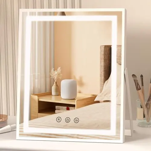 Produktbild: FUNTOUCH Kosmetikspiegel mit Beleuchtung Groß, Schminkspiegel mit Licht, 3 Farbtemperatur Verstellbares, 360° Drehung, Touch Steuerung, Plug-in, Makeup Spiegel für Zuhause(weiß)