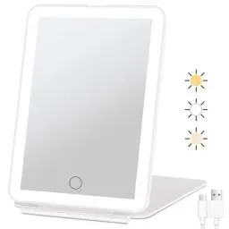 Produktbild: FUNTOUCH Kosmetikspiegel mit Beleuchtung, Wiederaufladbarer Tragbarer Ultraschlanker Reisespiegel mit Licht, 3 Farblichter, Dimmbarer Touchscreen Schminkspiegel, Faltbarer Makeup Spiegel (Weiß)