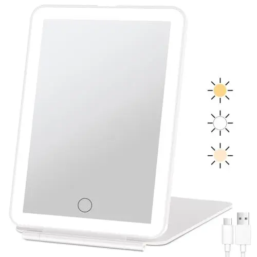 Produktbild: FUNTOUCH Kosmetikspiegel mit Beleuchtung, Wiederaufladbarer Tragbarer Ultraschlanker Reisespiegel mit Licht, 3 Farblichter, Dimmbarer Touchscreen Schminkspiegel, Faltbarer Makeup Spiegel (Weiß)