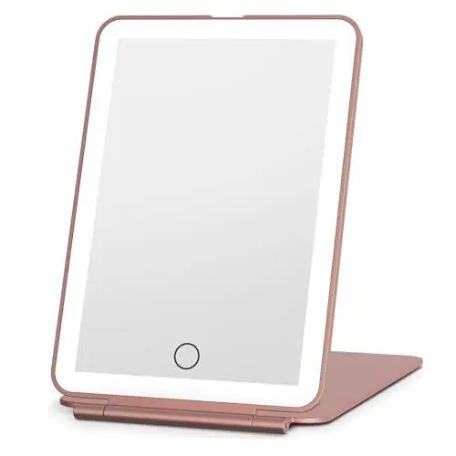 Produktbild: FUNTOUCH Schminkspiegel mit Beleuchtung, Wiederaufladbarer Tragbarer Reisespiegel Beleuchtet, 3 Farben Beleuchtung Spiegel Reisen, Dimmbarer Touchscreen, Faltbarer kosmetikspiegel mit Licht(Roségold)