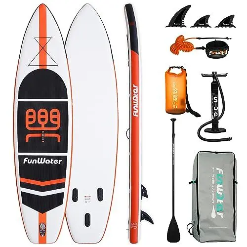 Produktbild: FunWater Aufblasbares Stand Up Paddle Board Surfbrett SUP Komplettes Paddleboard Zubehör Verstellbares Paddel, Pumpe, Reiserucksack, Sicherheitsleine. wasserdichte Handyhülle