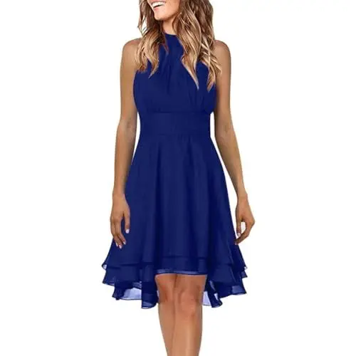 Produktbild: FUPODD Kleider Damen Einfarbig Elegante Ärmellos Partykleid Lässig Sommerkleid Damen Kurz Rüschen Neckholder Kleid Damen Tailliert Plissee Schick Sommerkleider Damen Leicht Und Luftig Strandkleid
