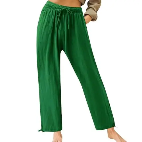 Produktbild: FUPODD Luftige Sommerhose Palazzo Hose Damen Sommer Marlenehose High Waist Stoffhose Mit Gummizug Weite Hose Locker Freizeithose Mit Kordelzug und Taschen Flatterhose Große Größen