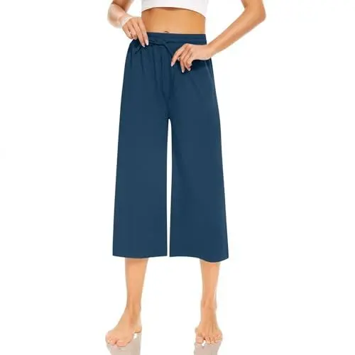 Produktbild: FUPODD Sommerhose Damen Leicht Weites Bein Leinenhose Damen Sommer 3/4 High Waist Stoffhose Locker Musselin Hose Damen Elegant Freizeithose mit Kordelzug Yogahose Damen Kuschel Damen Hosen