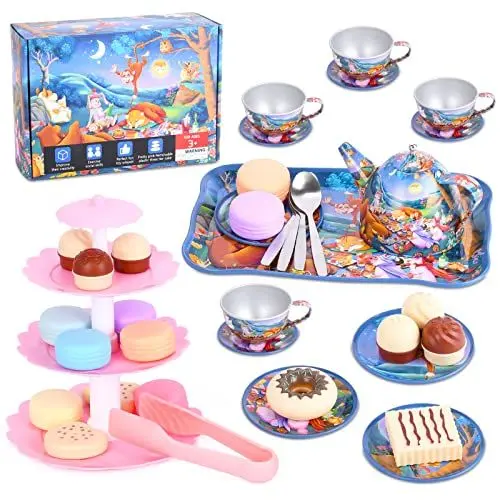 Produktbild: FUQUN 42Pcs Tea Party Set für kleine Mädchen, Prinzessin Tea Time Spielzeug einschließlich Dessert, Kekse, Donut, Teekanne Tablett Kuchen, Kinder Küche Pretend Play für Mädchen Jungen Alter 3-6