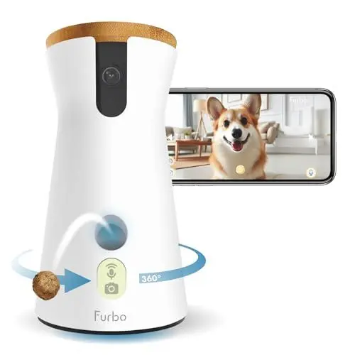 Produktbild: Furbo 360° Hundekamera (Basic Kamera): Haustierkamera mit App, Rotierende 360° Sicht, Farbnachtsicht, Tracking, Leckerliwurf, Bell-Alarm, der Favorit von Haustierbesitzern auf der ganzen Welt