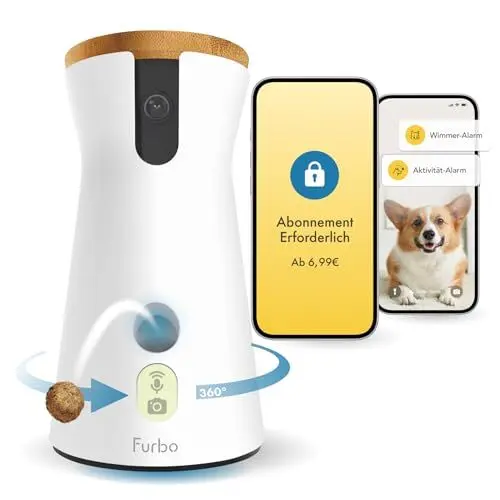 Produktbild: Furbo 360° Hundekamera mit Heimsicherheits-Paket (Premium MIT ABO) Intelligente Kamera mit App für Hund & Heim, Rotierende 360° Sicht, Farbnachtsicht, Tracking, Leckerliwurf, Bell-Alarm, Smart Alerts