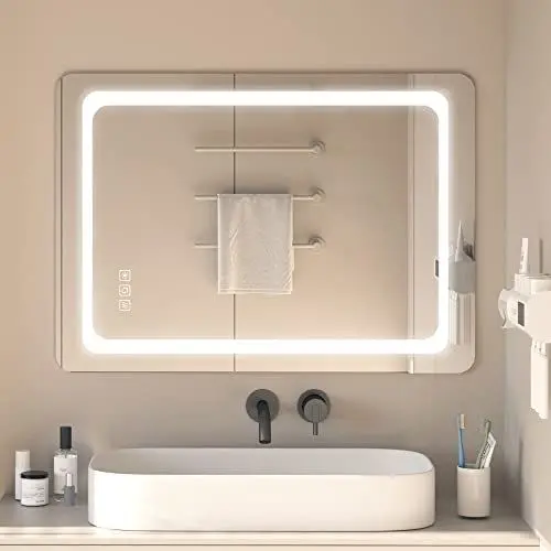 Produktbild: furduzz IL-05-70 LED Badspiegel,70x50 cm Badzimmer Spiegel mit Touchschalter,3 Lichtfarbe Einstellbare Badezimmerspiegel, Antibeschlag Dimmbare Speicherfunktion
