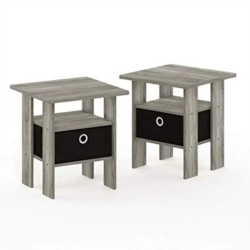 Produktbild: Furinno Andrey Beistelltisch Nachttisch mit Schublade, Französische Eiche/Schwarz, 2er-Set