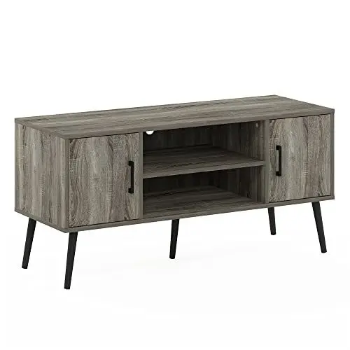 Produktbild: Furinno Claude TV-Ständer mit Holzbeinen im Mid-Century Stil, Französische Eiche, Two Cabinets