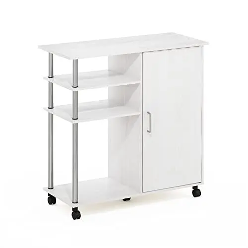 Produktbild: Furinno Helena Utility Kücheninsel und Aufbewahrungswagen auf Rädern, 4-stöckig, Edelstahlrohre, Weiße Eiche/Chrom