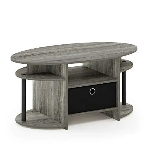 Produktbild: Furinno JAYA Ovaler Couchtisch mit schlichtem Design und Abfalleimer, Französische Eiche/Schwarz/Schwarz