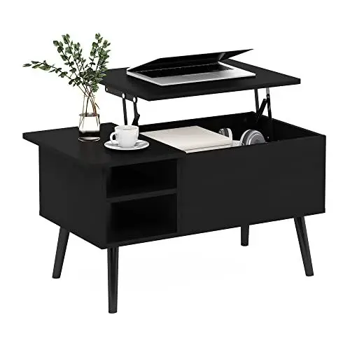 Produktbild: Furinno Jensen Wohnzimmer-Couchtisch mit anhebbarer Holzbeinplatte, verstecktem Fach und seitlich offener Ablage, Americano