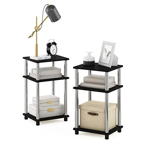 Produktbild: Furinno Just 3-stufiger Turn-N-Tube-Beistelltisch, 2er-Pack, Americano/Edelstahl