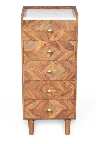 Produktbild: furnling Kommode Groningen, aus Akazienholz mit 5 Schubladen und Heller Marmor-Deckplatte, stilvolles Aufbewahrungsmöbel für Zuhause, Robust & Elegant, Ideal für Wohnzimmer & Schlafzimmer