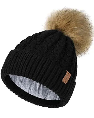 Produktbild: FURTALK Bommelmütze warme Strickmütze Damen Mütze mit Kunstpelz Bommel Wintermütze
