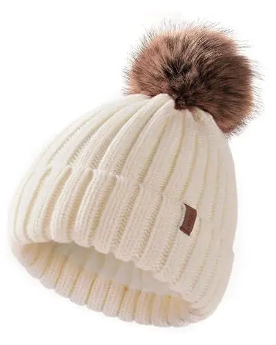 Produktbild: FURTALK Kleinkind Beanie Baumwollfutter Bommelmütze mit Kunstpelz Ball Unisex Mädchen & Jungen Kinder Winter Pom Pom Strickmütze