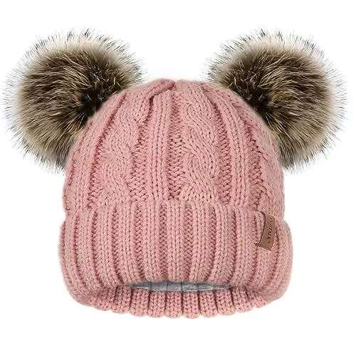 Produktbild: FURTALK Unisex Baby Kleinkind Kind Fleece gefütterte niedliche Beanie Strickmütze mit doppelten Kunstpelz Bommeln Warme Wintermütze für Mädchen und Jungen